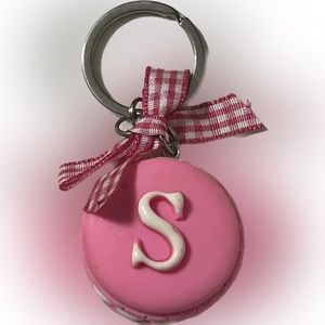 🍄Keychain “S” Alphabet Macaroons Pink Ribbon Silver Ring Chain Auto Accessory